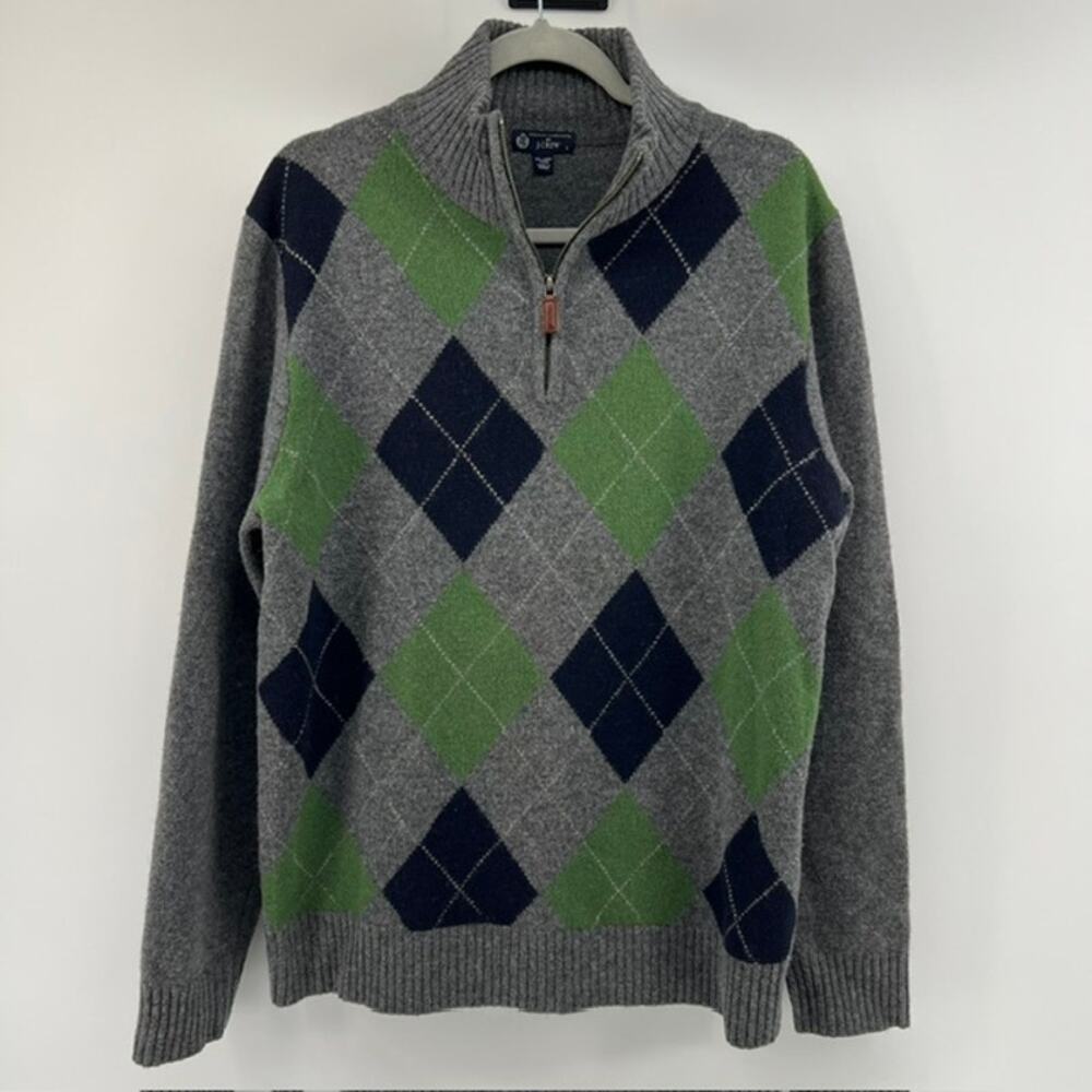 J.Crew 100% Lambswool Quarter Zip Pullover Sweater Mens L Gray Argyle ElbowPatch